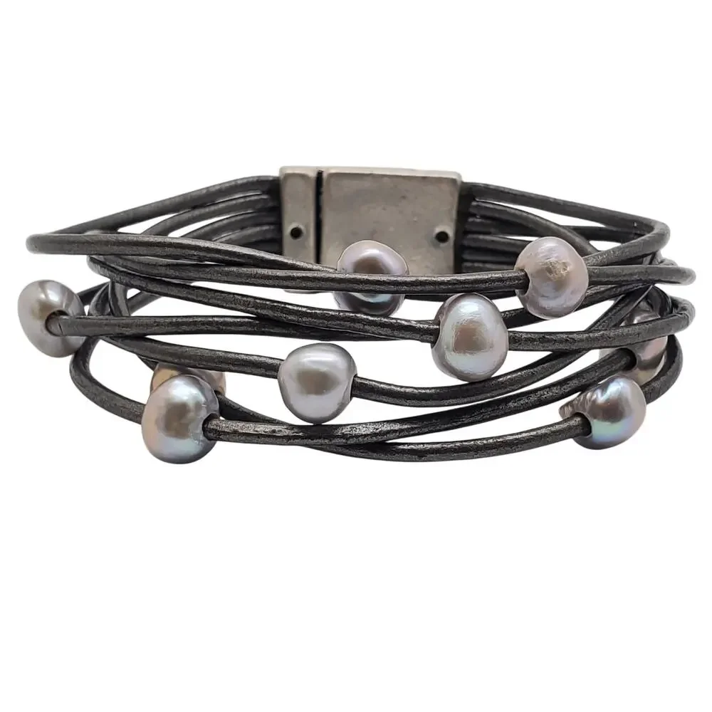 Saachi Freshwater Pearl Bracelet Gray Gunmetal Multi Strap Wrap Layered Modern - Picture 2 of 10